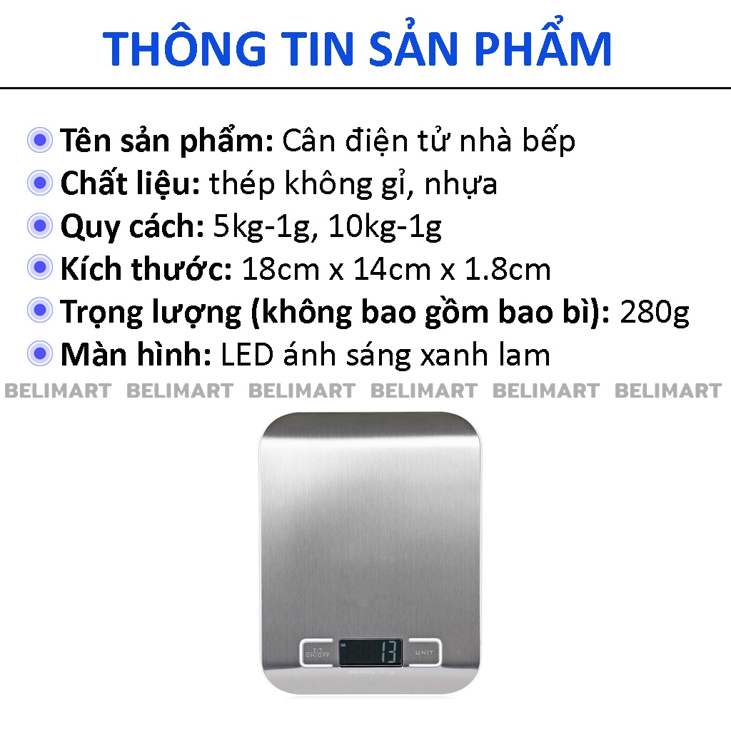 Cân điện tử nhà bếp tiểu ly, cân thực phẩm bằng thép không gỉ loại 5kg-1g và 10kg-1g Beli BL027