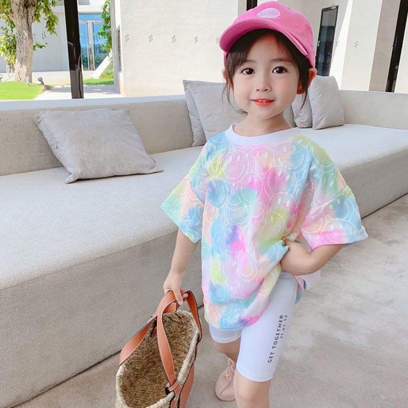 Áo thun tay lỡ dáng rộng in hình mặt cười kiểu Hàn Quốc thời trang mùa hè mới cho bé gái