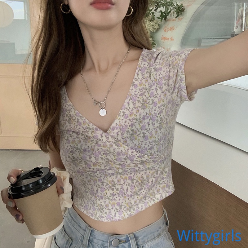 Áo Croptop Tay Ngắn Cổ Chữ V Eo Cao Phong Cách Hàn Quốc Dành Cho Nữ