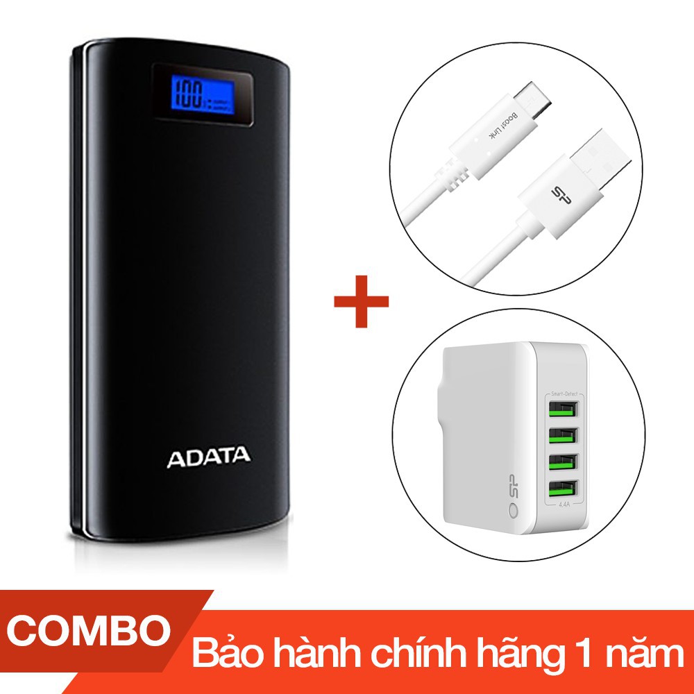 Combo Pin sạc dự phòng 20000mAh P20000D ADATA + Cáp sạc Type-C Silicon dài 1m + Cốc sạc 4 cổng USB 4.4A - Chính hãng