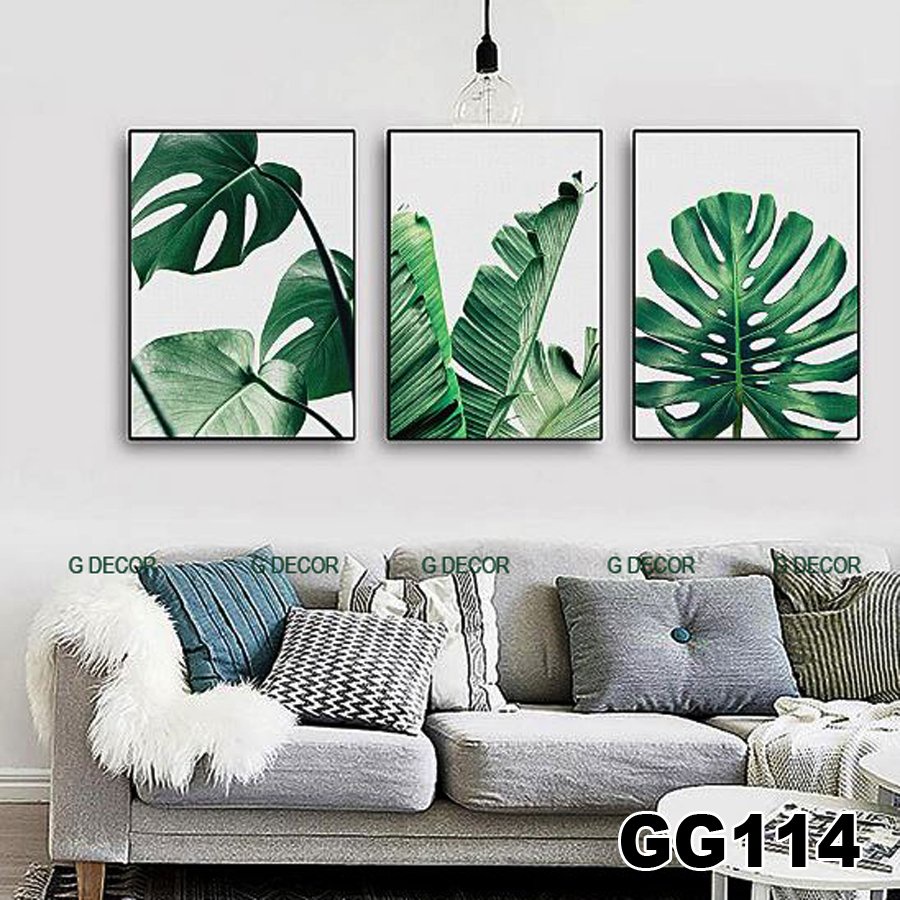 Tranh treo tường canvas 3 bức phong cách hiện đại Bắc Âu 163, tranh hoa lá trang trí phòng khách, phòng ngủ, spa