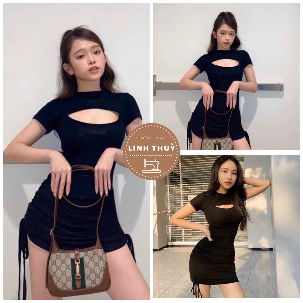 Đầm khoét ngực rút dây eo body dáng ôm nữ - Váy cộc tay sexy vạt bầu ngắn trên gối, bánh bèo tiểu thư ulzzang