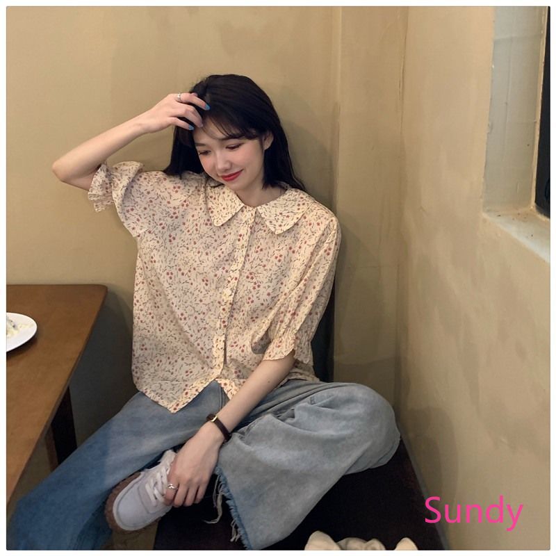 Áo sơ mi voan tay ngắn cố áo búp bê họa tiết hoa thời trang mùa hè dành cho nữ