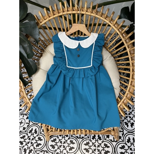 Váy bé gái dáng suông cổ sơ mi trắng vải Sunkid SN12 màu xanh size trẻ em 4-12 tuổi