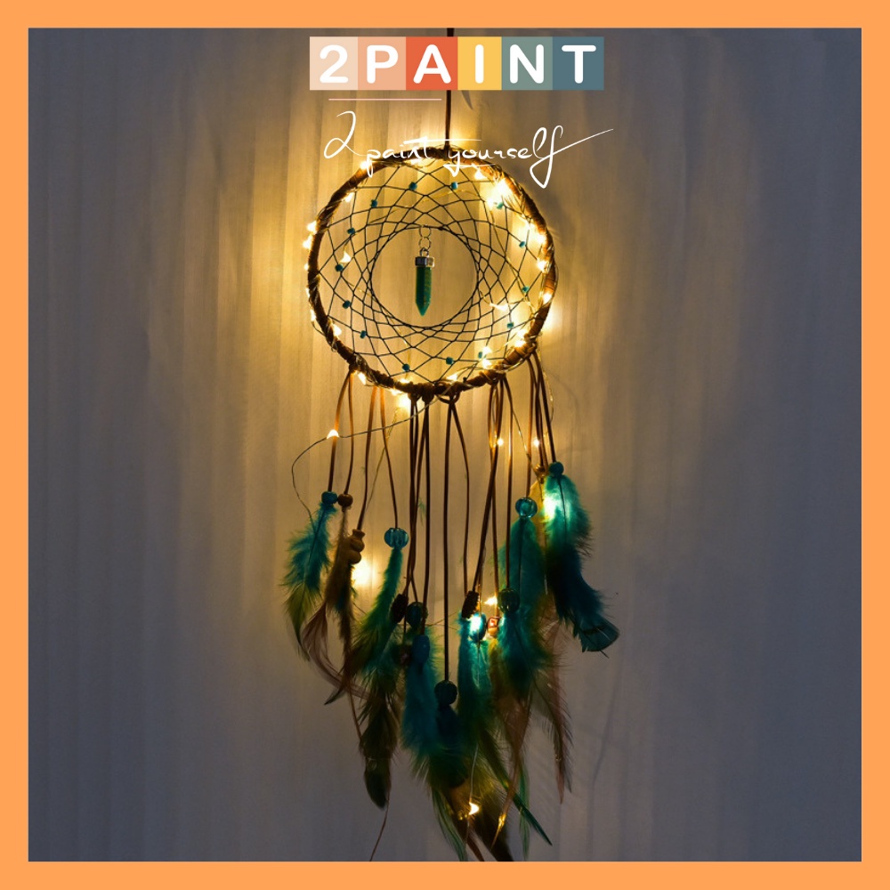 Dreamcatcher lông vũ gắn đèn màu nâu xanh, Đèn led trang trí phòng ngủ treo tường 2PAINT
