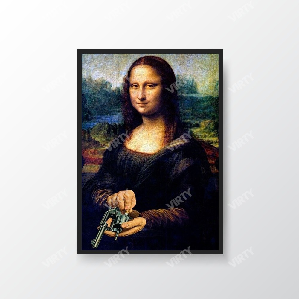 [Bùng Nổ] Tranh canvas decor Mona Lisa Shooting Funny Art