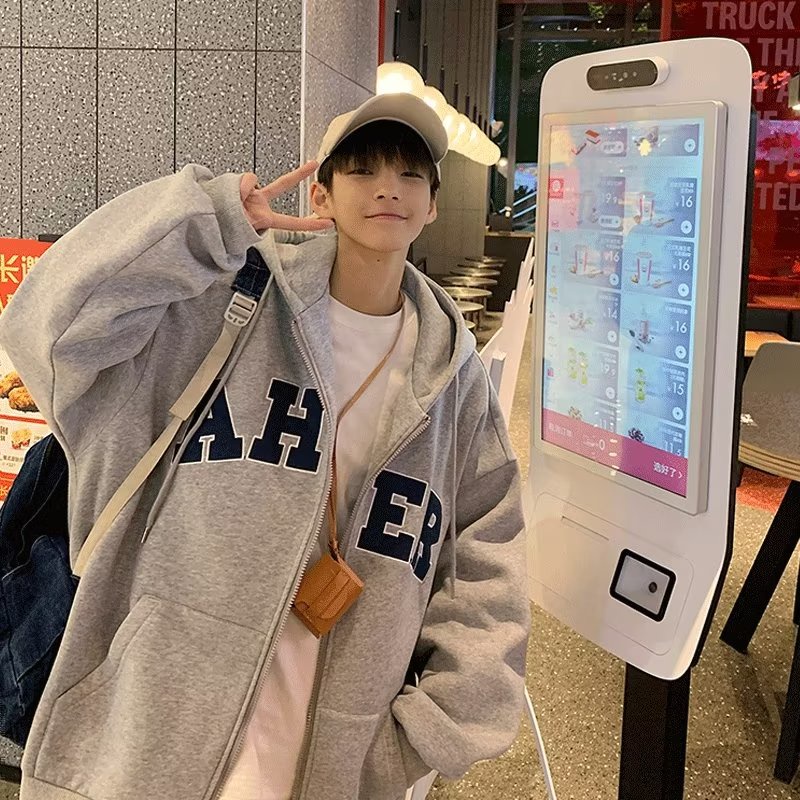 【M-3XL】Áo khoác hàn quốc hoodie dáng rộng cỡ lớn kiểu đường phố cá tính cho nam khóa kéo đơn giản hợp thời trang mới cho cặp đôi chữ in phong cách áo len trùm đầu lông cừu đơn giản