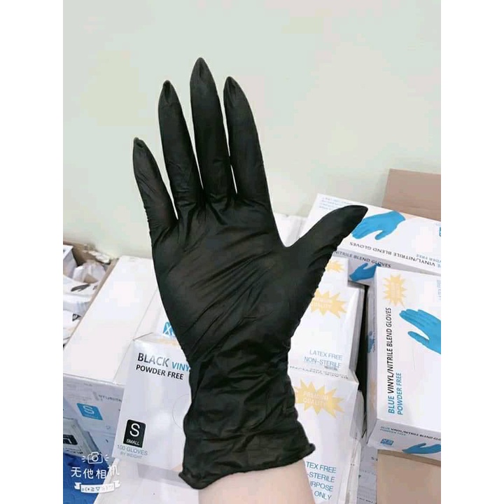 Hộp 100 Chiếc Găng Tay Cao Su Màu Đen Không Bột Vinyl/Nitrile Blend Gloves Phun Xăm Thẩm Mỹ - Black Vinyl/Nitrile