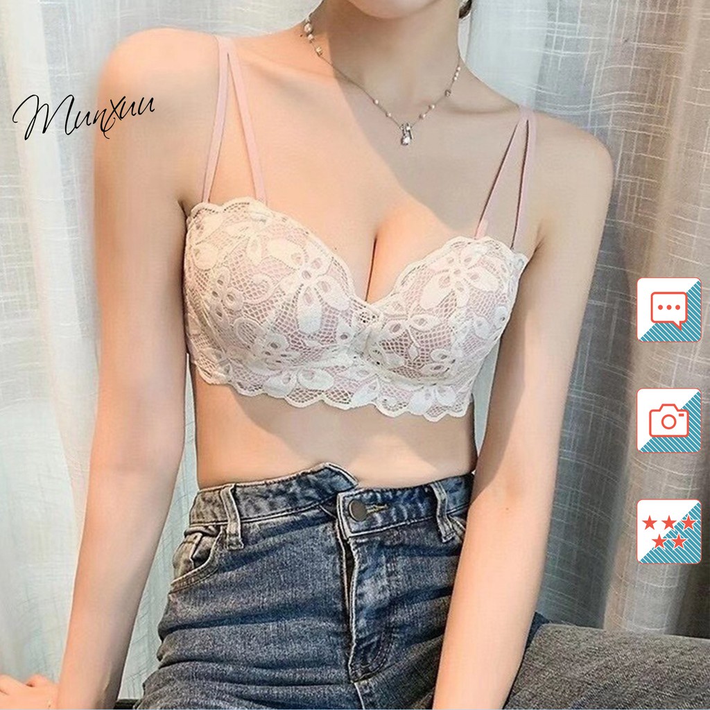 Áo lót nữ ren hoa cúp ngang gợi cảm Munxuu thiết kế không gọng, đệm vừa hình bàn tay chấm lỗ thông hơi - AV13 - Hàng mới