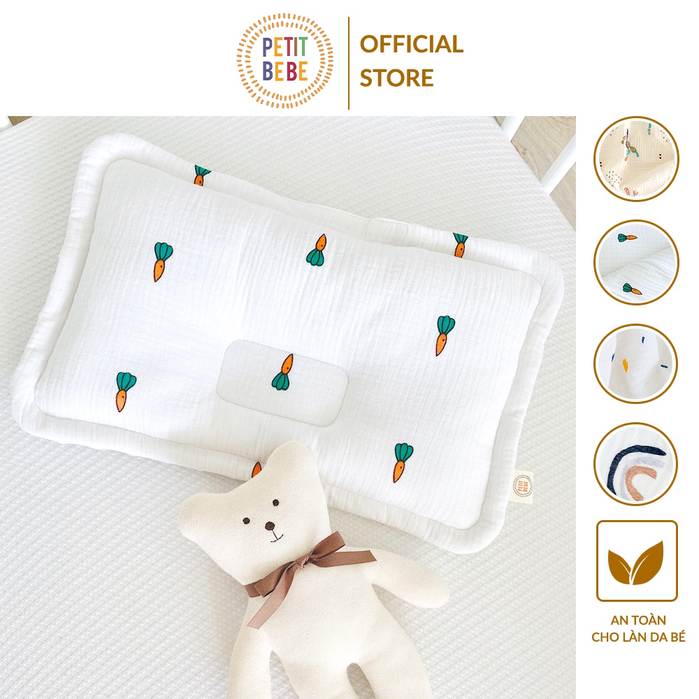 Gối lõm chống bẹp đầu chữ nhật họa tiết thiên nhiên PETIT BEBE muslin thấm hút thoáng khí cho bé từ 3 tháng tuổi