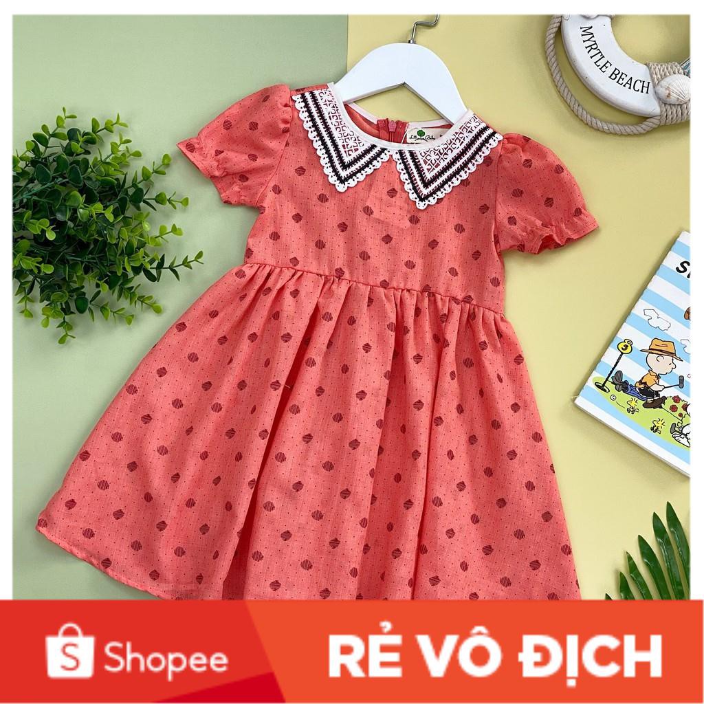 Váy thô đũi chấm bi phối cổ ren bé gái size 2-8, cho bạn từ 11-25kg. Chất thô đũi không nhăn, mặc siêu mát