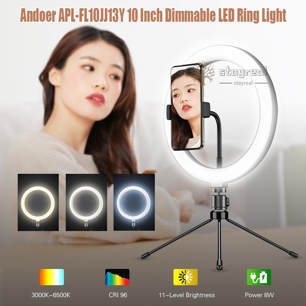 Andoer APL-FL10JJ13Y 10 Inch Dimmable LED Selfie Ring Video Light 3000K-6500K LED Circle Light CRI 96 with Tabletop Tripod 3 Light Modes for Vlogging/ Live Streaming