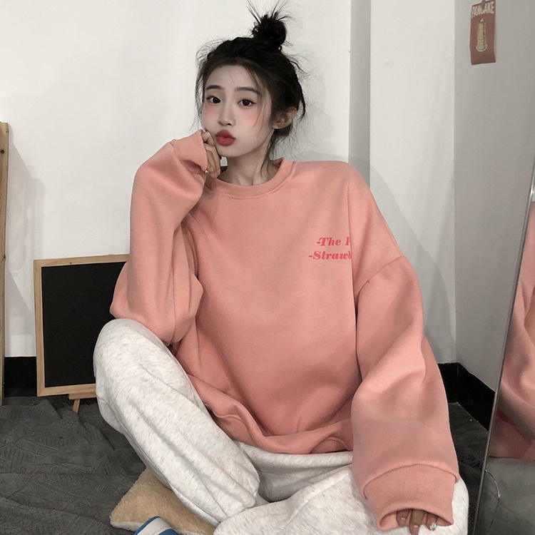 「 WELOVE1 」Áo nỉ dài tay cổ tròn thời trang Hàn Quốc cho nữ