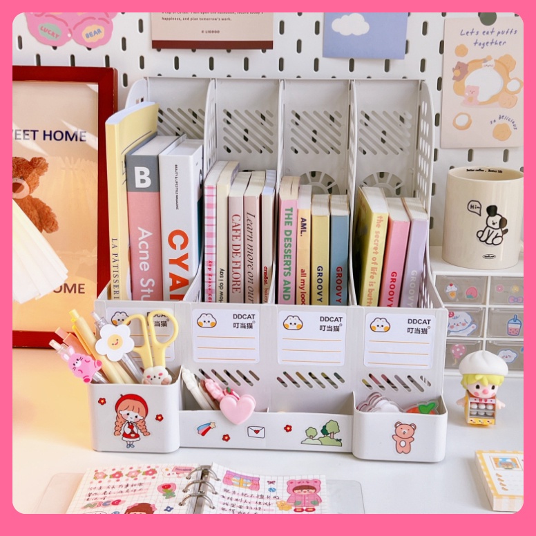 Kệ sách để bàn học sinh 8 ngăn đáng yêu phong cách Hàn Quốc Kèm Sticker cute kèm ống đựng bút đồ dùng học tập