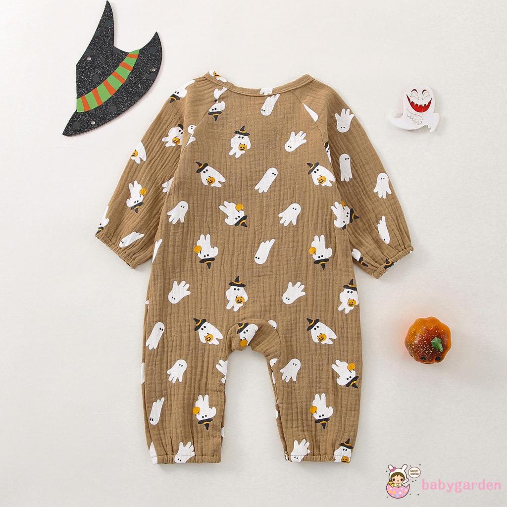 Áo Liền Quần Tay Dài Cổ Tròn In Hình Ma Bí Ngô Có Nút Và Túi Cho Bé 0-18 Tháng Tuổi