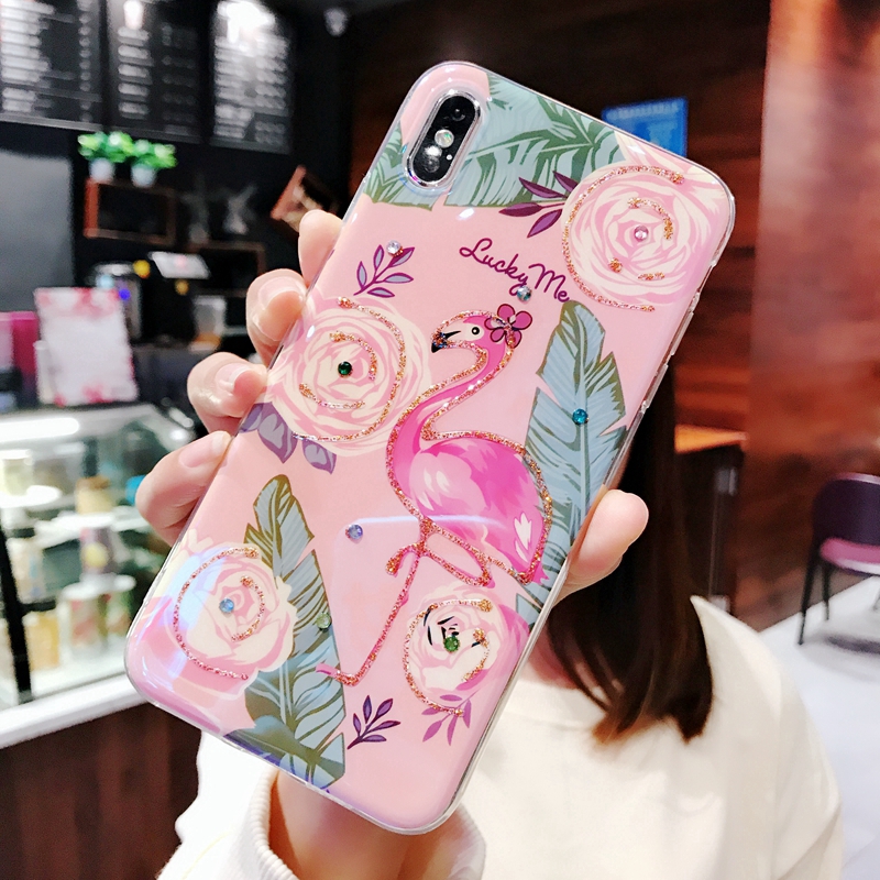 Ốp lưng mềm in hình chim hồng hạc đính đá lấp lánh cho IPhone X XS Max XR IPhone 8 7 6 6S Plus 11 Pro Max SE 2020