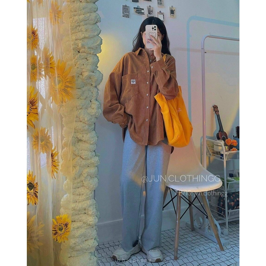 Áo sơ mi nữ BÉBÔNG STORE vải kaki nhung gân mềm mịn thoáng mát from rộng hot trend