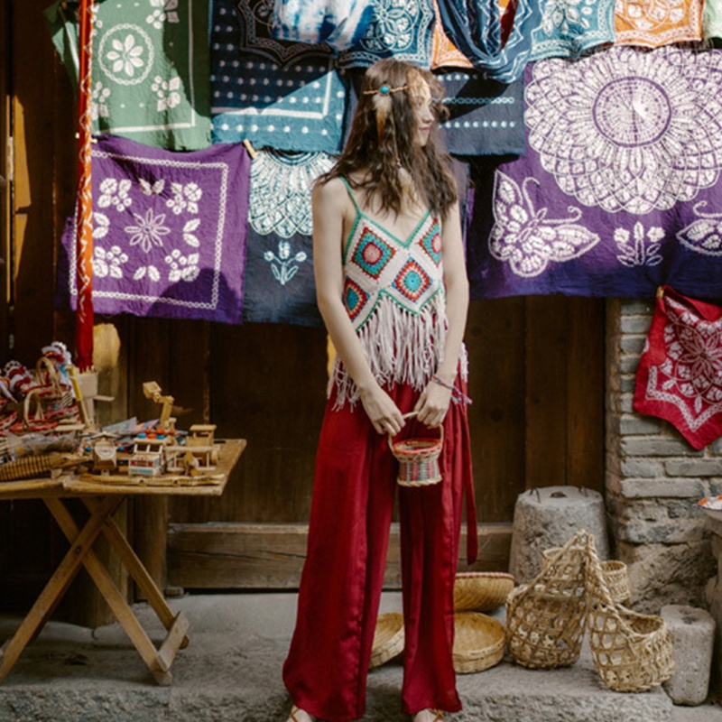 Brroa Áo Croptop Dệt Kim Hai Dây Tua Rua Viền Kim Cương Tương Phản Họa Tiết Kẻ Sọc Màu Tương Phản Phong Cách Boho Dân T