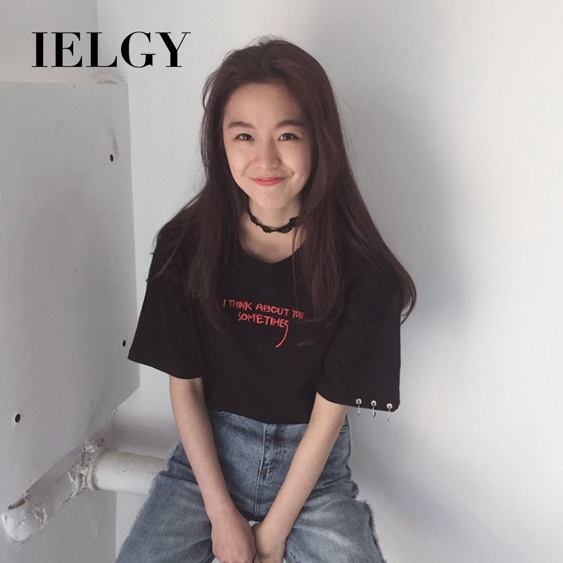 IELGY Korean version of Harajuku style hoop loose letters embroidered short sleeve T-shirt