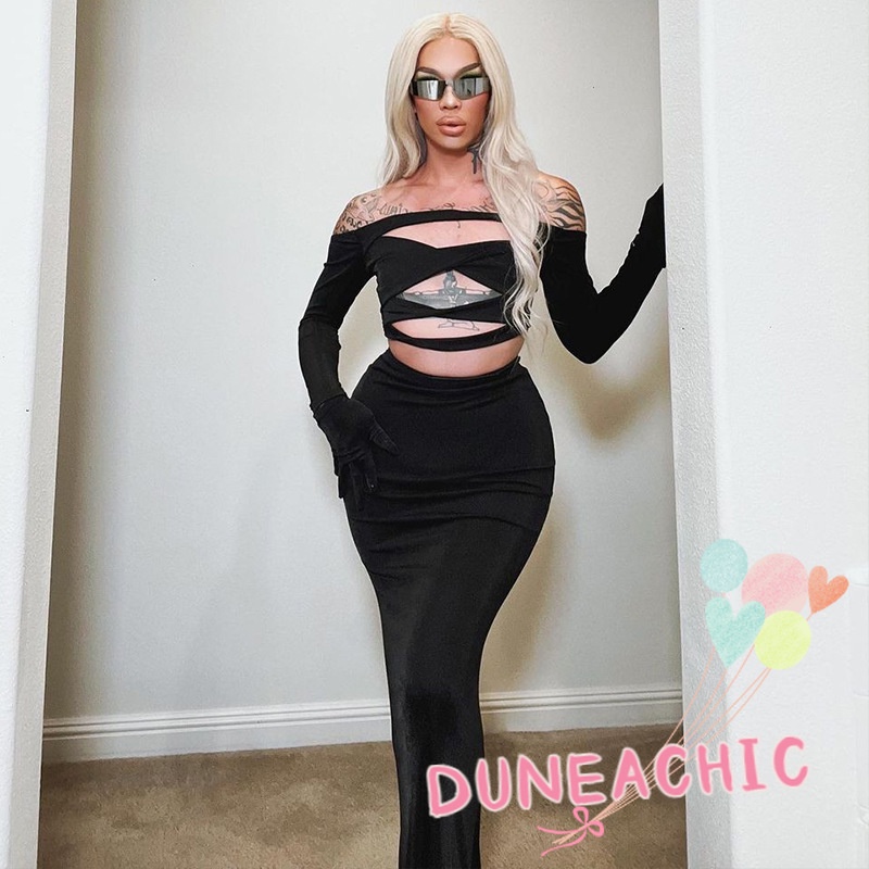 Set Đồ 2 Món Gồm Áo Thun Crop Top Hở Vai + Chân Váy Maxi Màu Trơn Gợi Cảm Cho Nữ