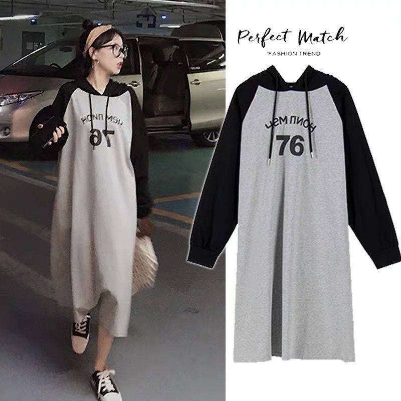 váy nỉ bông mũ liền,đầm hoodie đen- xám dáng dài from,váy hoodie dài tay dễ mặc dáng rộng cực chất - VANA STORE