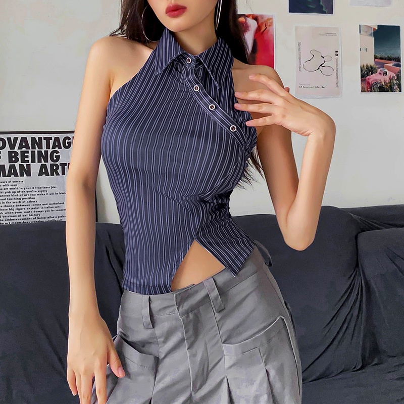 Áo Tank Top Kẻ Sọc Hở Lưng Phối Nút Thời Trang Cho Nữ