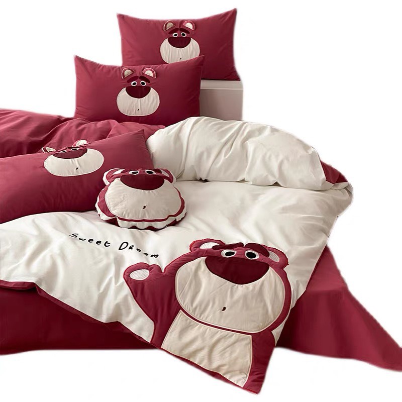 Bộ Chăn Ga Gối 5 Món mẫu GẤU DÂU LOTSO -  Cotton Linen Họa Tiết Hoạt Hình Disney Dễ Thương