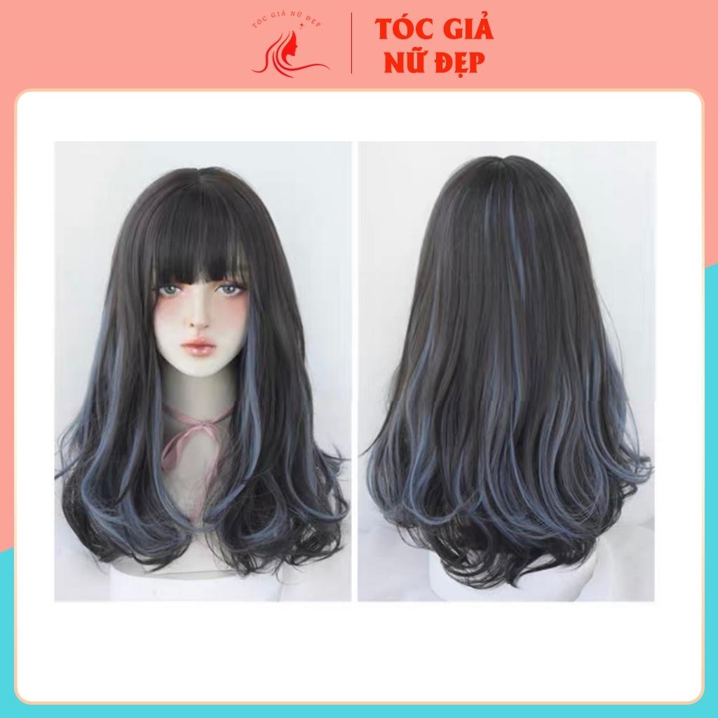 Tóc giả nữ đẹp nguyên đầu xoăn lửng phối line xanh coban, TGND, C8267