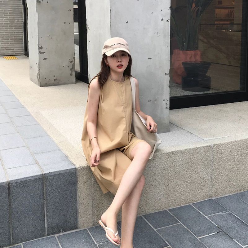 Bộ Áo Liền Quần Ống Rộng Chất Cotton Màu Trơn Cỡ Lớn Thời Trang Mùa Hè Cho Nữ