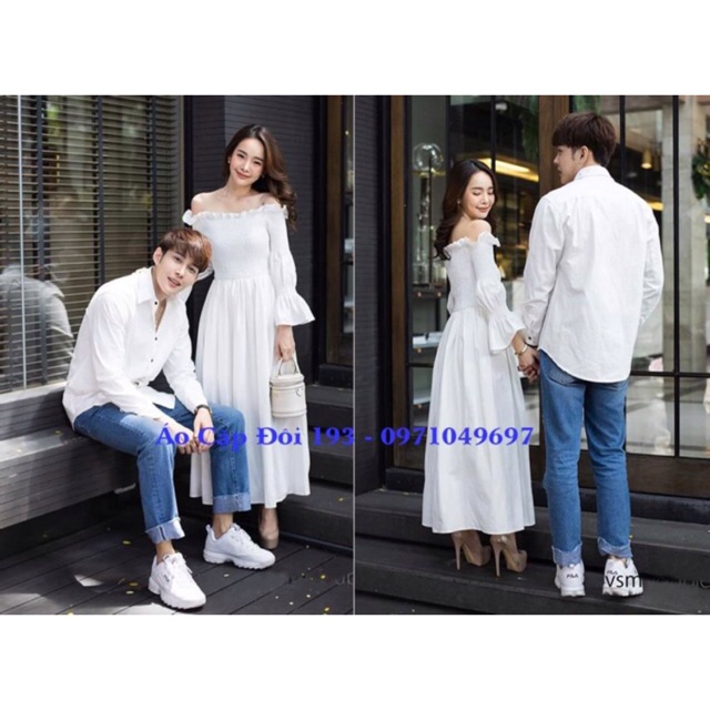 Áo đôi: Đầm maxi rút thun ôm vintage + Áo somi nam phối hợp