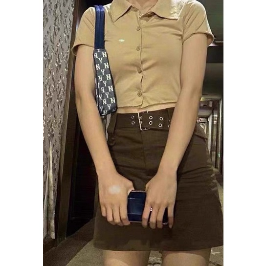 Set Nâu Áo Croptop Polo Và Chân Váy Chữ A Kèm Nịt