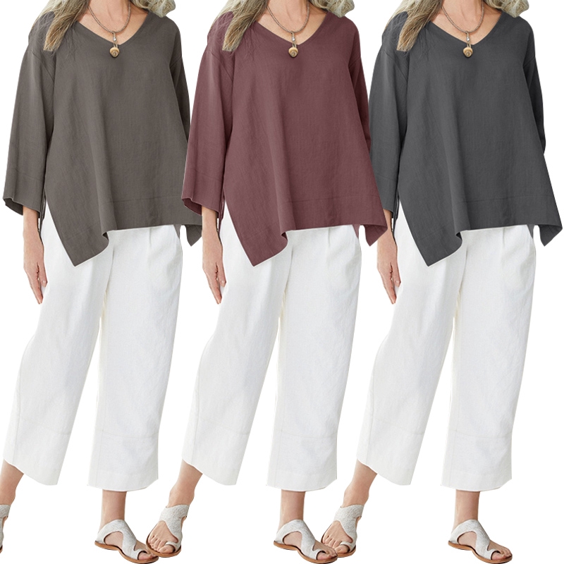 Áo Kiểu ZANZEA Tay Lỡ Cổ Chữ V Xẻ Tà Sành Điệu Cho Nữ