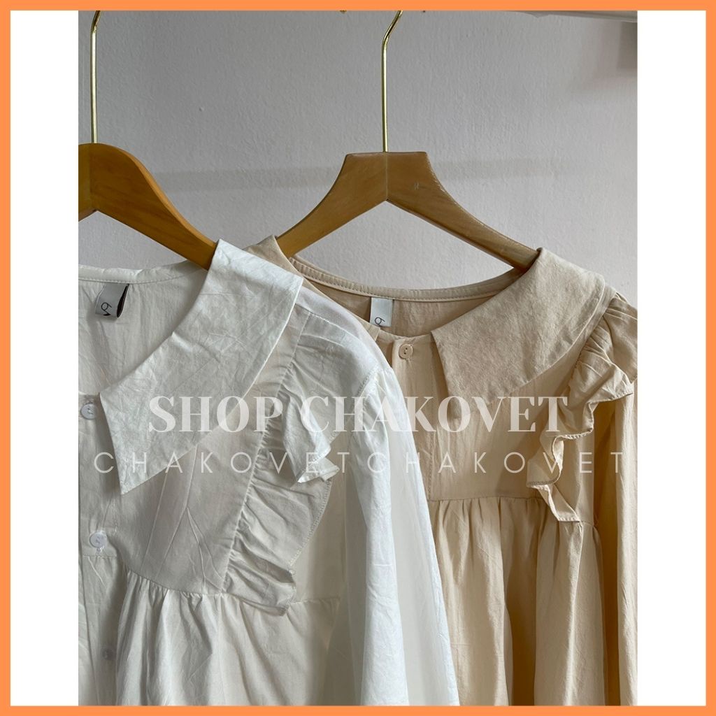 Áo sơ mi nữ dài tay form rộng CKA872, kiểu áo nữ cổ bẻ dáng babydoll trắng tiểu thư vai bèo mặc đi làm, đi học, đi chơi