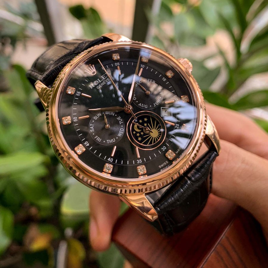 Đồng hồ Nam Rolex 6kim trăng sao size 40-41 mặt trắng vỏ vàng