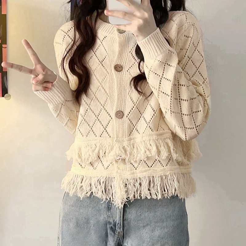 IELGY    Áo Khoác cardigan Dệt Kim Tay Dài Phối Tua Rua Thời Trang Cho Nữ