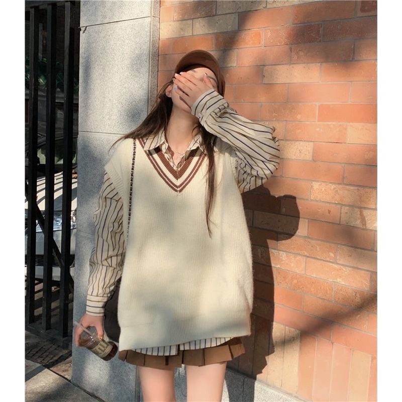 SET ÁO GILE XẺ TÀ + SƠMI KẺ SỌC PHONG CÁCH HÀN  gile màu trắng viền nâu