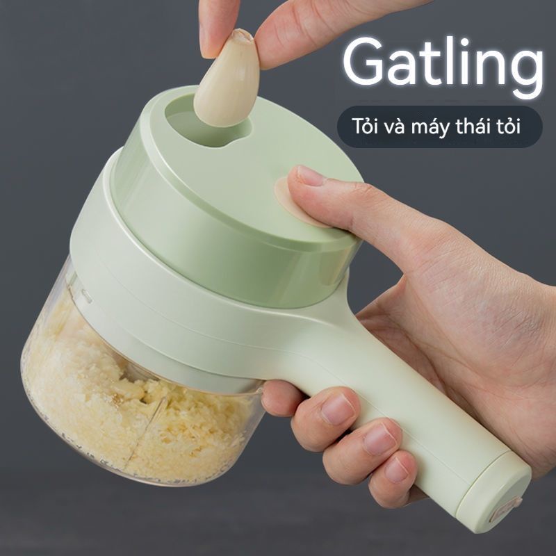 Máy Xay, Máy Thái, Cắt Rau Củ Quả Cầm Tay Đa Năng 4 Trong 1, Sạc Pin 1500mAh Xay Tỏi Xay Ớt