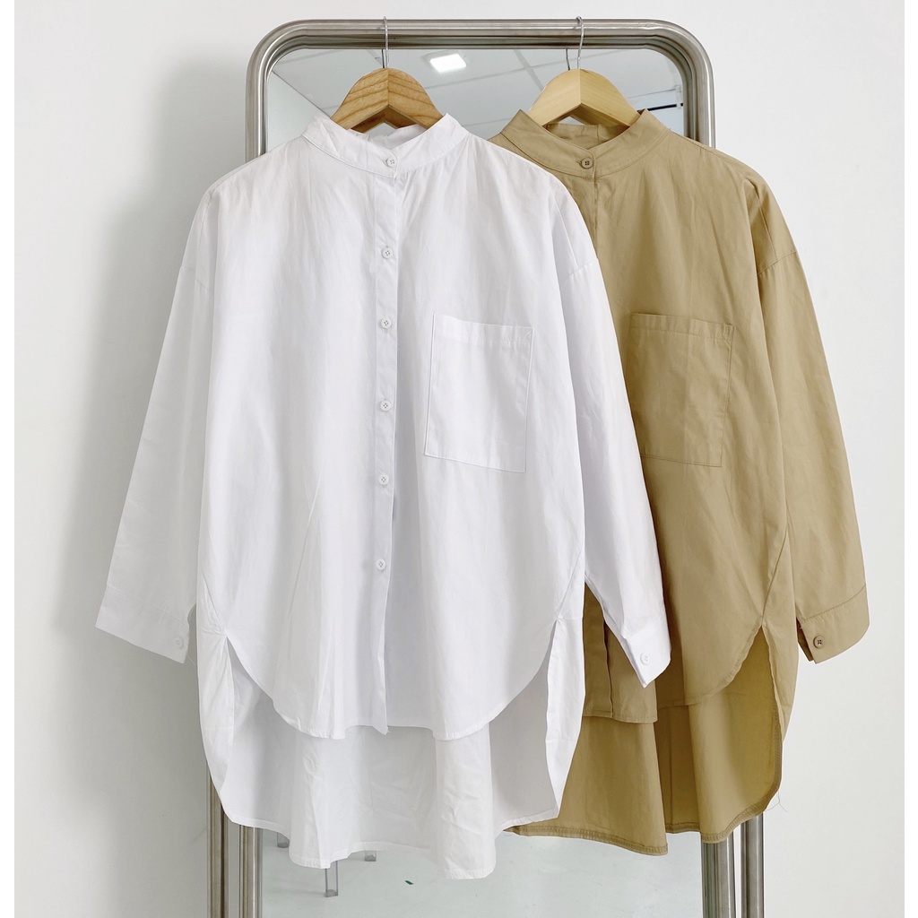 Áo Sơ Mi Trơn Cổ Trụ Vạt Bầu Form Oversize - Katus Shop 0205295
