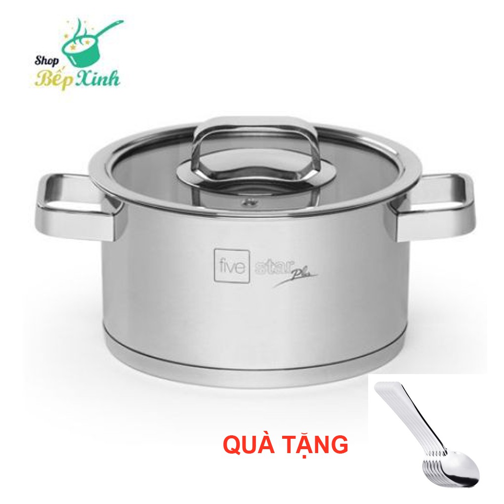 Nồi inox 304 Fivestar 3 đáy quai vuông nắp kính,dùng được bếp từ ,tặng 5 muỗng (16cm / 18cm / 20cm / 24cm )