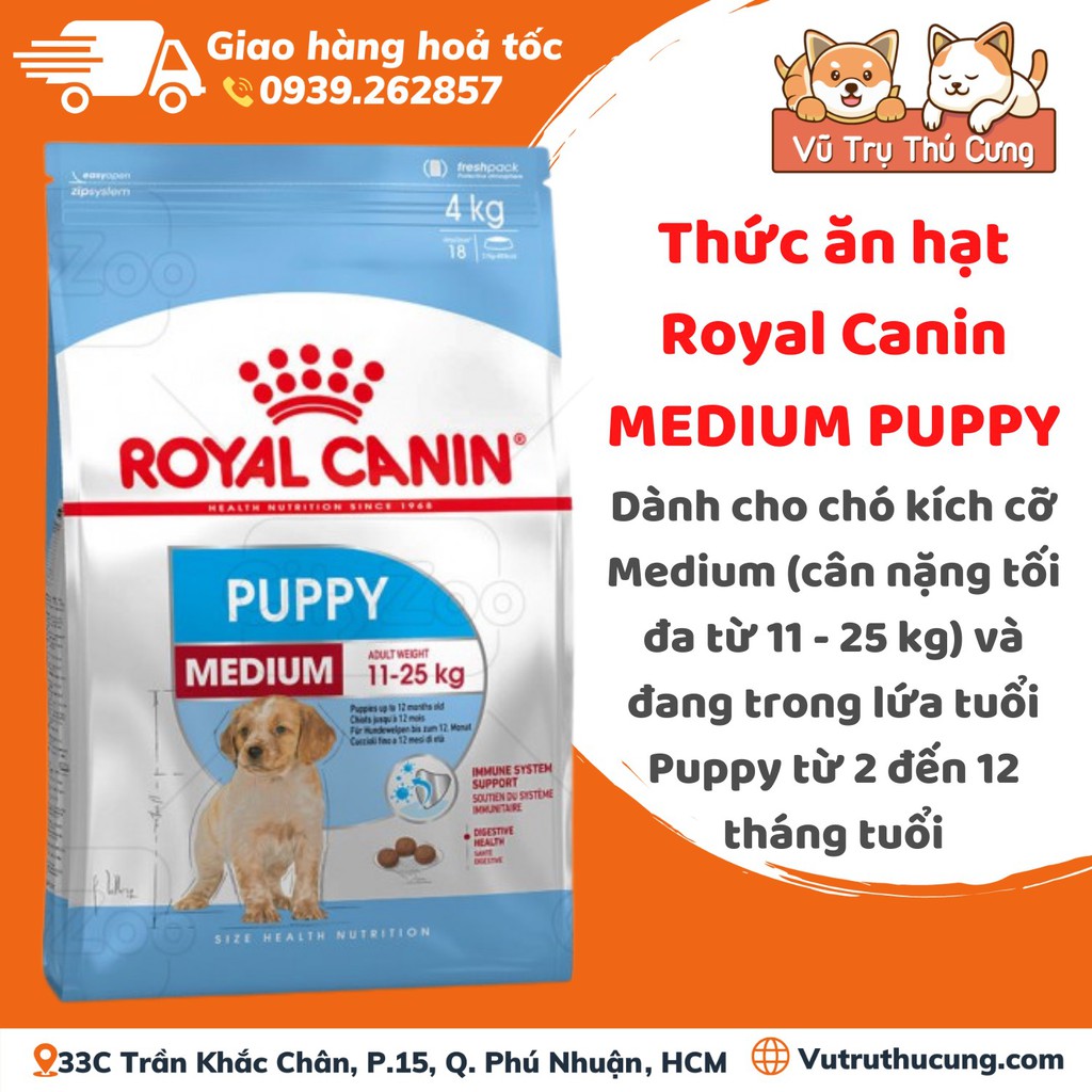 [10 Kg] Thức ăn hạt cho chó ROYAL CANIN MEDIUM PUPPY - 10 Kg, Hạt khô cho chó con từ 2 đến 12 tháng tuổi