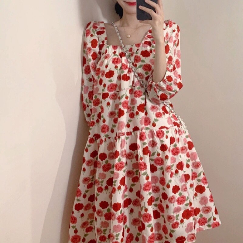VÁY BABY DOLL HOA HỒNG, TAY PHỒNG XINH XẮN