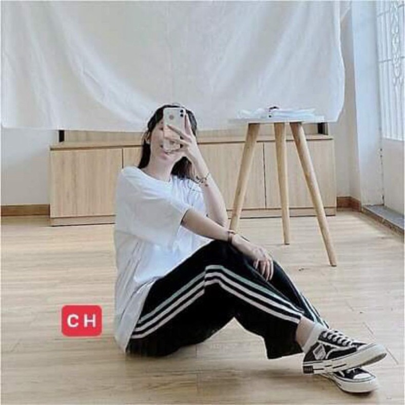 sét trang phục nam nữ, sét đồ basic, áo phông hè, thun trắng trơn mix quần 3 sọc form thụng unisex freesize ulzzang 🦋