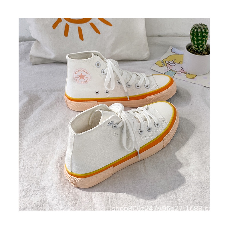 Giày Sneaker Nữ Cổ Cao Foxy Form Dáng CV 1970 Màu Trắng Kem Đế Viền Cam Phong Cách Ulzzang - FOX040