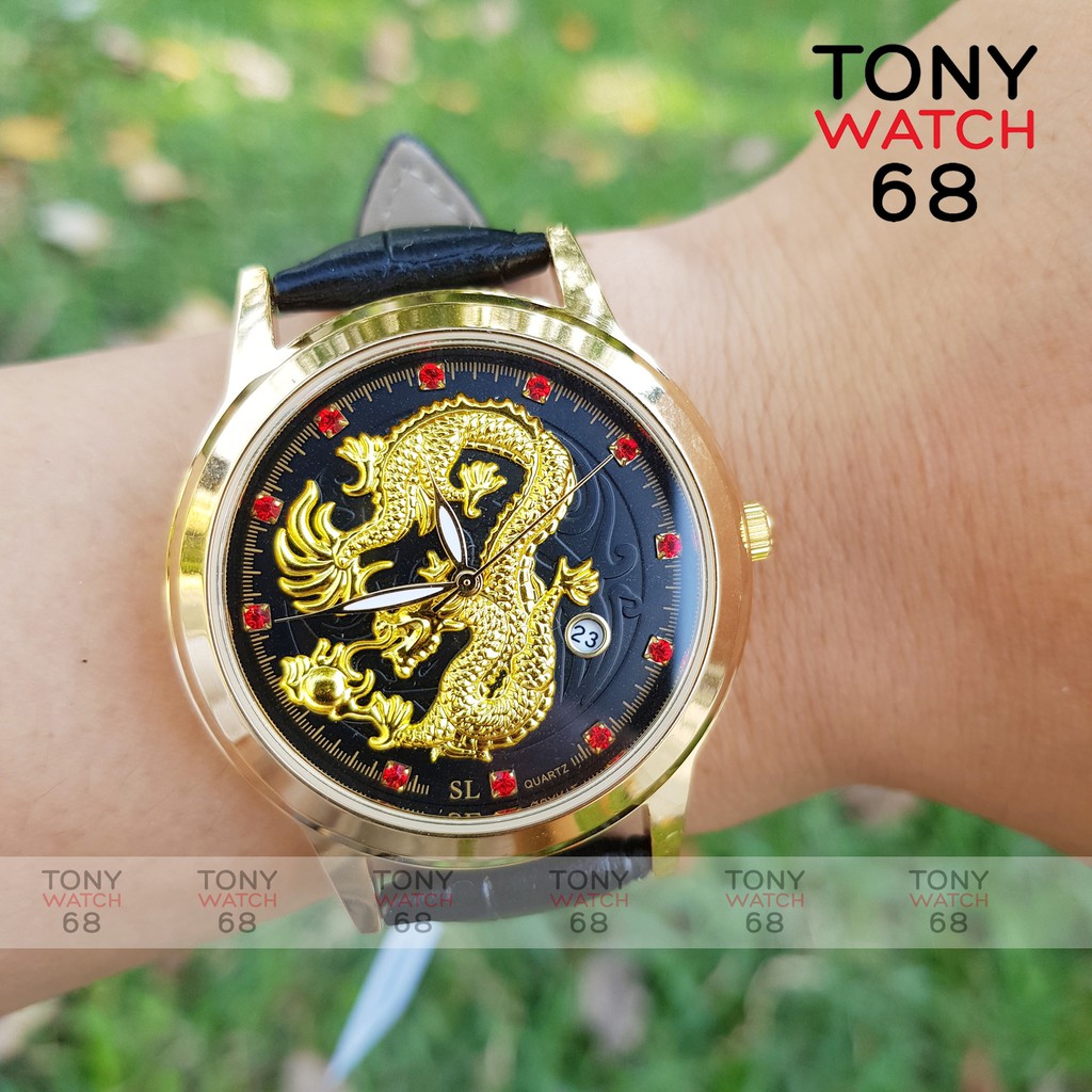 Đồng hồ nam SL dây da mặt rồng nổi mạ vàng đá xanh đỏ có lịch quyền lực chính hãng Tony Watch