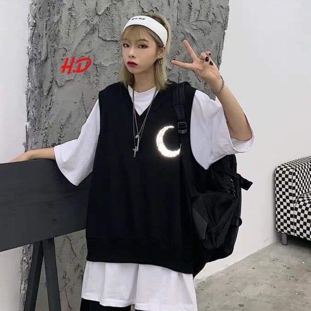 Áo gile mặt trăng phản quangtanktop phản quang bạc in hình mặt trăngchất cotton mềm mịnphong cách unisex kiểu dáng HQ