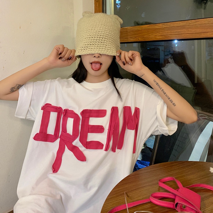 QKOOLE Áo thun nữ  ngắn tay cổ tròn in họa tiết phong cách Hàn Quốc