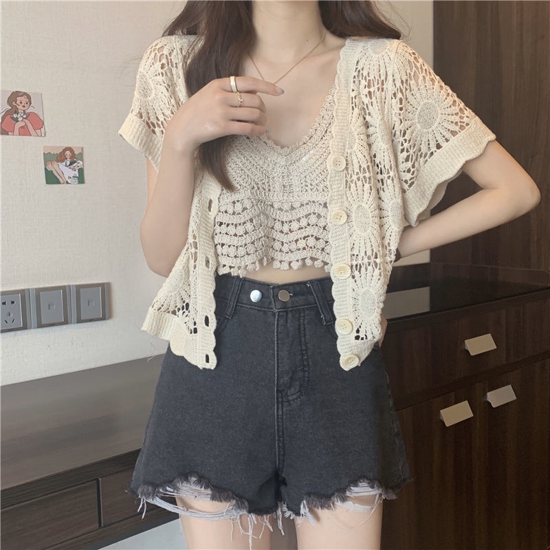 Áo Cardigan Ngắn Tay Phong Cách Phương Tây Mới + Áo Hai Dây Đan Móc