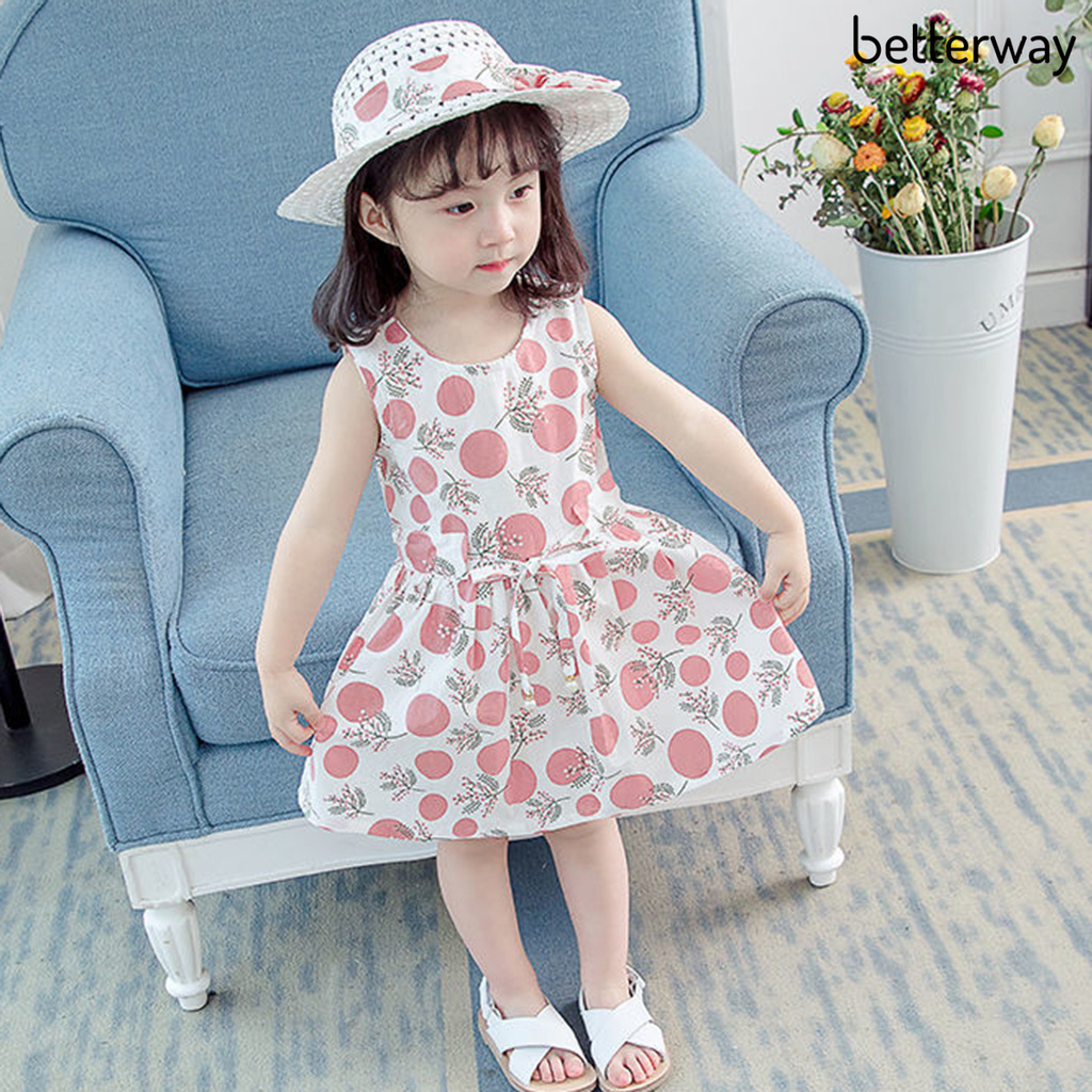 Đầm Cotton Sát Nách In Họa Tiết Chấm Bi / Hoa Kèm Mũ Có Thể Giặt Sạch
