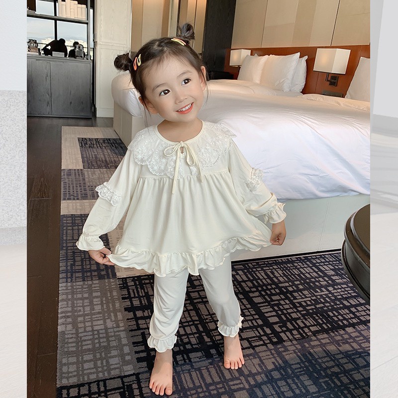 [8-24KG】Đồ Bộ Bé Gái Dài Tay, Chất Thun Lạnh Phối Ren Tiểu Thư, Bánh Bèo. Mềm, Mát, Co Giãn Tốt, Quần Áo Trẻ Em