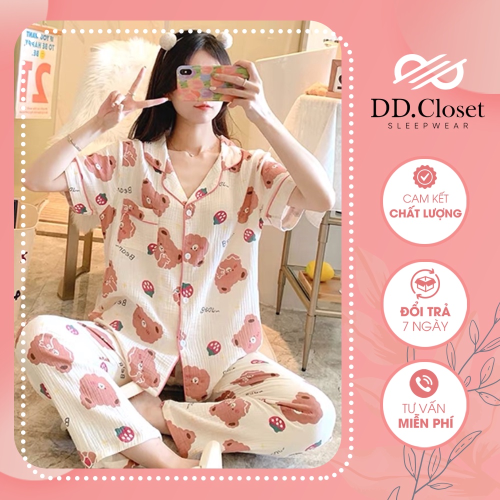 Bộ đồ ngủ pijama nữ cộc tay quần dài chất lụa Kate Thái mềm mịn màu trắng ngà hình gấu và dâu - CD0059